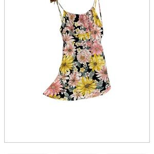 En Creme | New Yellow and Pink floral Ruched Mini Sundress •